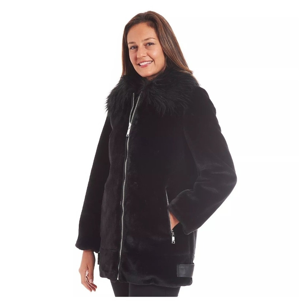 NINE WEST Black Plush Faux Fur Zip Hem Reversible Coat Size S Capsule Winter Ski